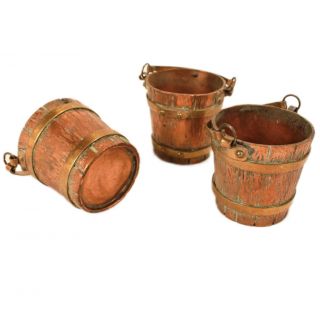 Three Antique Arts & Crafts Handmade Copper & Brass Miniature Buckets C.  1910s