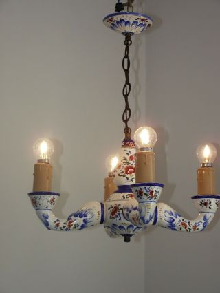Vintage French Country Style Ceramic Hand Painted Floral 4 Arm Chandelier 1341 10