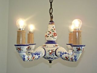 Vintage French Country Style Ceramic Hand Painted Floral 4 Arm Chandelier 1341 11