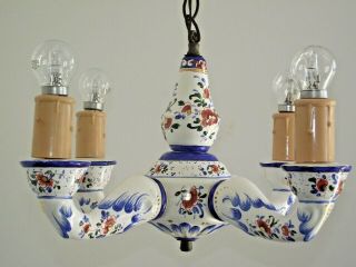 Vintage French Country Style Ceramic Hand Painted Floral 4 Arm Chandelier 1341 12