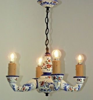 Vintage French Country Style Ceramic Hand Painted Floral 4 Arm Chandelier 1341