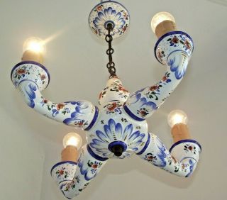 Vintage French Country Style Ceramic Hand Painted Floral 4 Arm Chandelier 1341 2