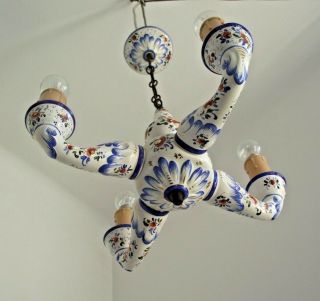 Vintage French Country Style Ceramic Hand Painted Floral 4 Arm Chandelier 1341 3
