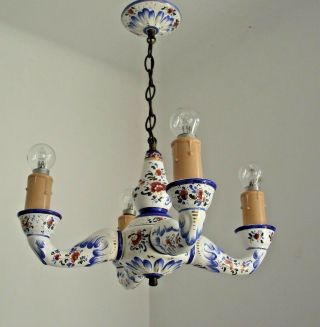 Vintage French Country Style Ceramic Hand Painted Floral 4 Arm Chandelier 1341 4