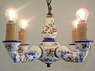 Vintage French Country Style Ceramic Hand Painted Floral 4 Arm Chandelier 1341 5