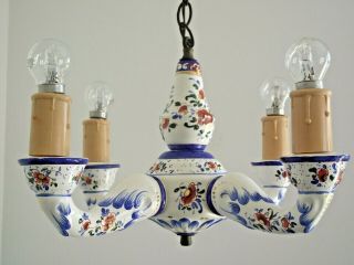 Vintage French Country Style Ceramic Hand Painted Floral 4 Arm Chandelier 1341 6