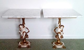 Vintage White Marble Top Cherubs Brass Pedestal End Table Made In Italy