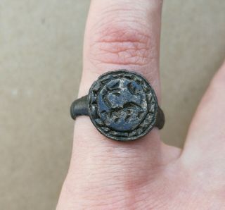 Ancient Viking Old Bronze Fabulous Status Ring Runic Ornament " Dragon " Very Rare
