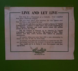 Rare Korean War Propaganda " Live And Let Live " Flier To Us Soldiers
