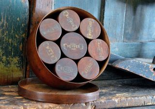 Antique 19th C Bentwood Spice Set With Eight Canisters