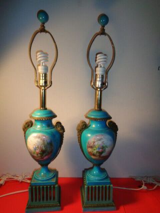 Vintage/antique Hand Painted Porcelain & Bronze Table Lamps (32 By 7 " Ea