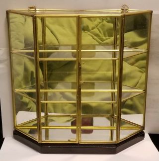 Vintage Glass & Brass Curio Display Case Wooden Base Hinged Doors Miniatures