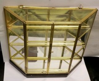 Vintage GLASS & BRASS CURIO DISPLAY CASE Wooden Base HINGED DOORS miniatures 2