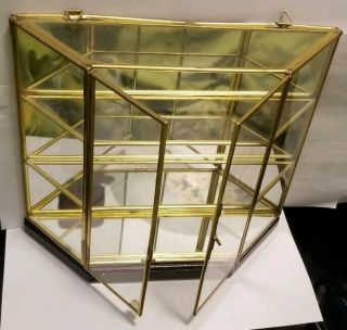 Vintage GLASS & BRASS CURIO DISPLAY CASE Wooden Base HINGED DOORS miniatures 3