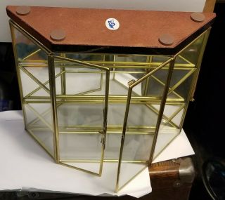 Vintage GLASS & BRASS CURIO DISPLAY CASE Wooden Base HINGED DOORS miniatures 4