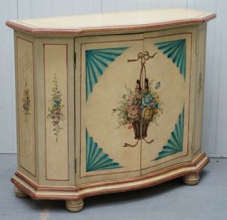 1 Of 2 Vintage Painted Flowers French Serpentine Fronted Sideboards Cupboards