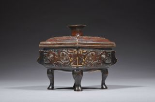 Antique Chinese Bronze Censer With Gold And Silver Inlays