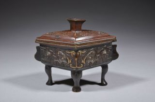Antique Chinese bronze censer with gold and silver inlays 2