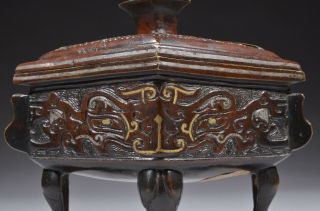 Antique Chinese bronze censer with gold and silver inlays 3