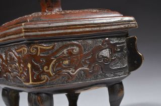 Antique Chinese bronze censer with gold and silver inlays 4