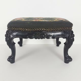Antique Needle Point Stool Carved Base Floral Solid Mahogany 8961