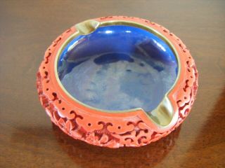 Antique Chinese Carved Cinnabar Lacquer Vase and ashtray 11