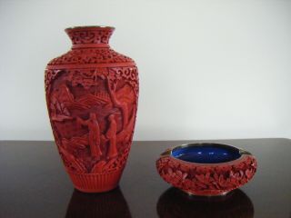 Antique Chinese Carved Cinnabar Lacquer Vase And Ashtray