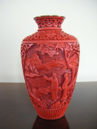 Antique Chinese Carved Cinnabar Lacquer Vase and ashtray 2