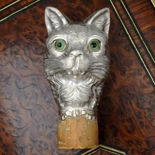 Antique French.  800 Silver Dress Cane Parasol Handle Cat Kitten Head Glass Eyes