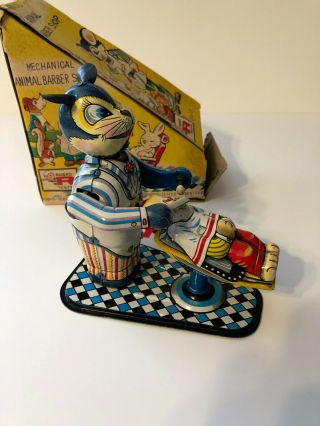 Mechanical Animal Barber Shop Vintage Tin Wind Up Toy.  Bright Tin & Great