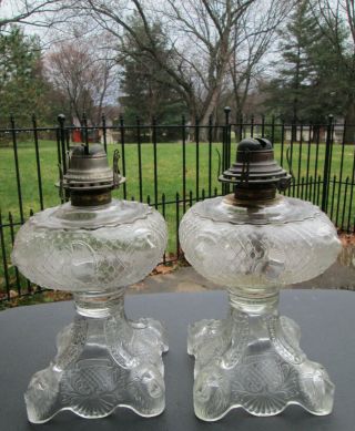 Antique Victorian PRINCESS FEATHER LIONS HEAD EAPG Glass Kerosene Oil Lamp Pair 2