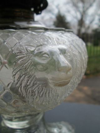Antique Victorian PRINCESS FEATHER LIONS HEAD EAPG Glass Kerosene Oil Lamp Pair 4