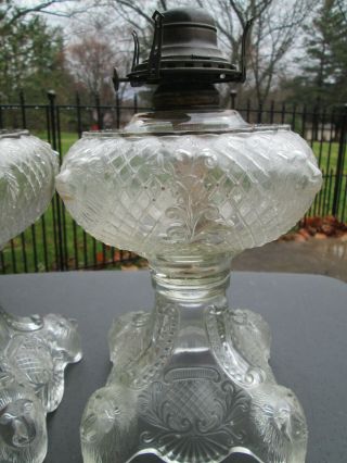 Antique Victorian PRINCESS FEATHER LIONS HEAD EAPG Glass Kerosene Oil Lamp Pair 8