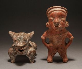 Two Pre - Columbian Colima Figures,  A Standing Male Pihuamo Type & A Colima Dog