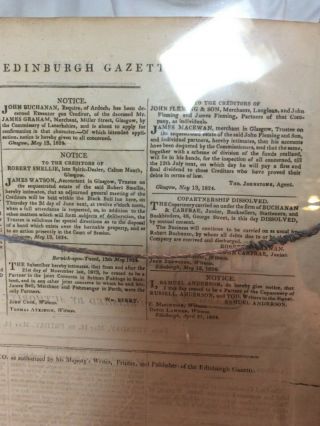 Antique Glasgow Tontine Coffee Room 1824 Edinburgh Gazette Newspaper Page Framed 11