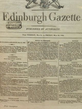 Antique Glasgow Tontine Coffee Room 1824 Edinburgh Gazette Newspaper Page Framed 8