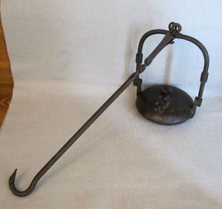 Antique Wrought Iron Betty Whale Oil Lamp With Hanger & Rooster Knob