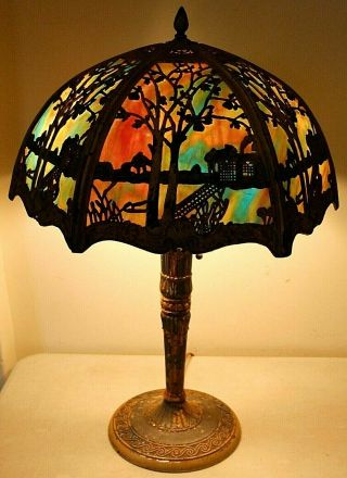 Antique Arts & Crafts Slag Glass Lamp,  Salem Brothers Miller Bradley Hubbard Era
