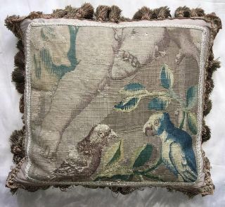 Rare C.  1600s Gobelin Panel Pair (2),  Parrots,  Made Into Silk - Back Opulent Pillow