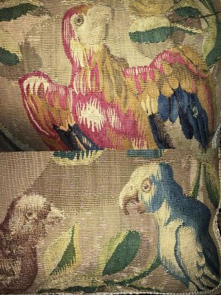 RARE c.  1600s Gobelin Panel Pair (2),  Parrots,  Made into Silk - back Opulent Pillow 3