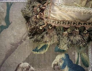 RARE c.  1600s Gobelin Panel Pair (2),  Parrots,  Made into Silk - back Opulent Pillow 4