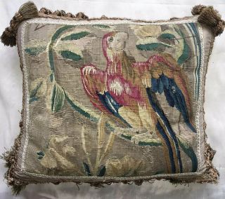 RARE c.  1600s Gobelin Panel Pair (2),  Parrots,  Made into Silk - back Opulent Pillow 6
