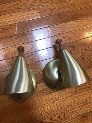 Vtg Mcm Bullet Cone Wall Light Fixture Sconces Wood Knob Brass Retro