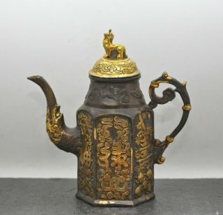 Spectacular Antique Chinese Heavily Gilded Brass Wine Pot Stamp On Base C1700s
