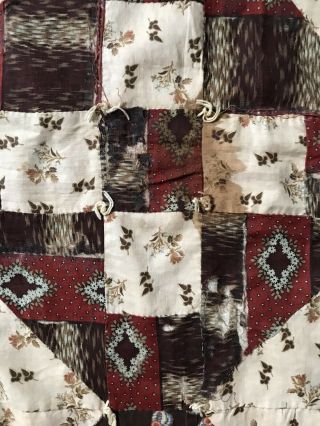 BEST Old Antique Handmade Brown Blue Red Calico Quilt Textile AAFA 10