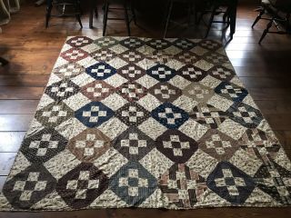 Best Old Antique Handmade Brown Blue Red Calico Quilt Textile Aafa