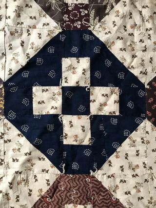 BEST Old Antique Handmade Brown Blue Red Calico Quilt Textile AAFA 5