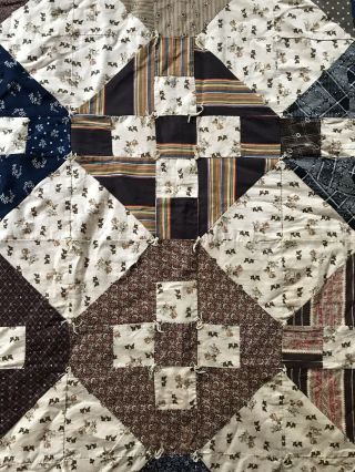 BEST Old Antique Handmade Brown Blue Red Calico Quilt Textile AAFA 7