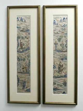Pair Stunning Antique Chinese Hand Embroidered Silk Panels Circa 19c - Framed