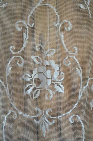 Antique French Hand Knotted Filet Lace Curtain,  Cartouche And Rose